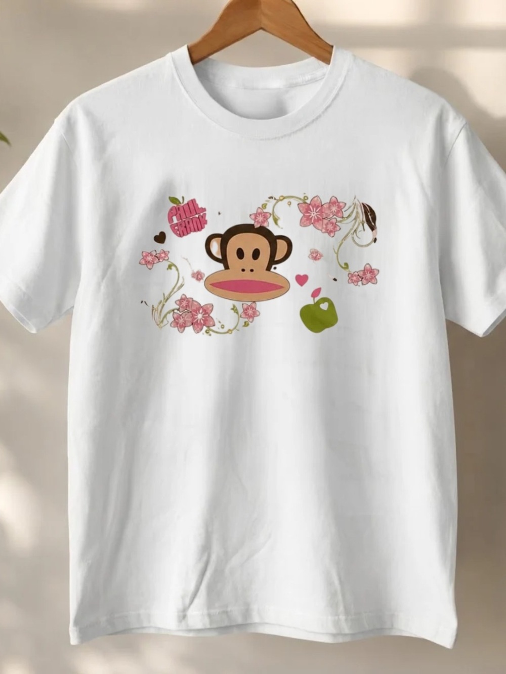 Paul Frank White Tee with Pink Floral Monkey and Green Apple